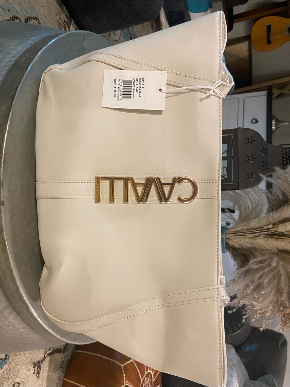 Cavalli Class Cream Shoulder Bag with Gold Logo